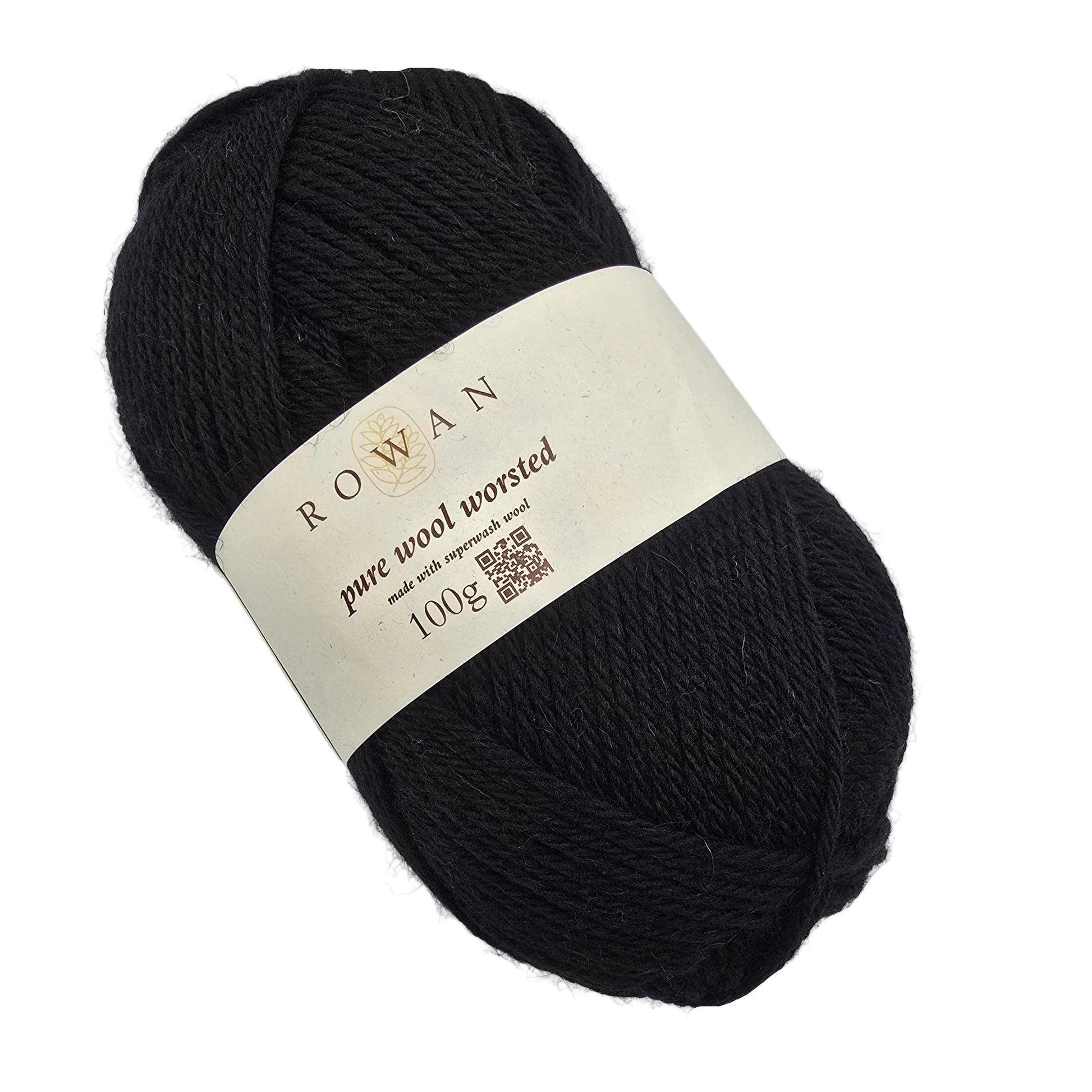A skein of Pure_Wool_Superwash_Worsted_yarn by_Rowan in_Color_00134 black with label on a white background.