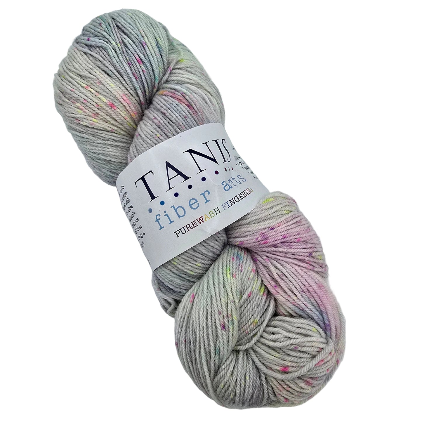 Image of a single skein of Purewash_Fingering_Yarn_by_Tanis_in the color Crystal with label on a white background.