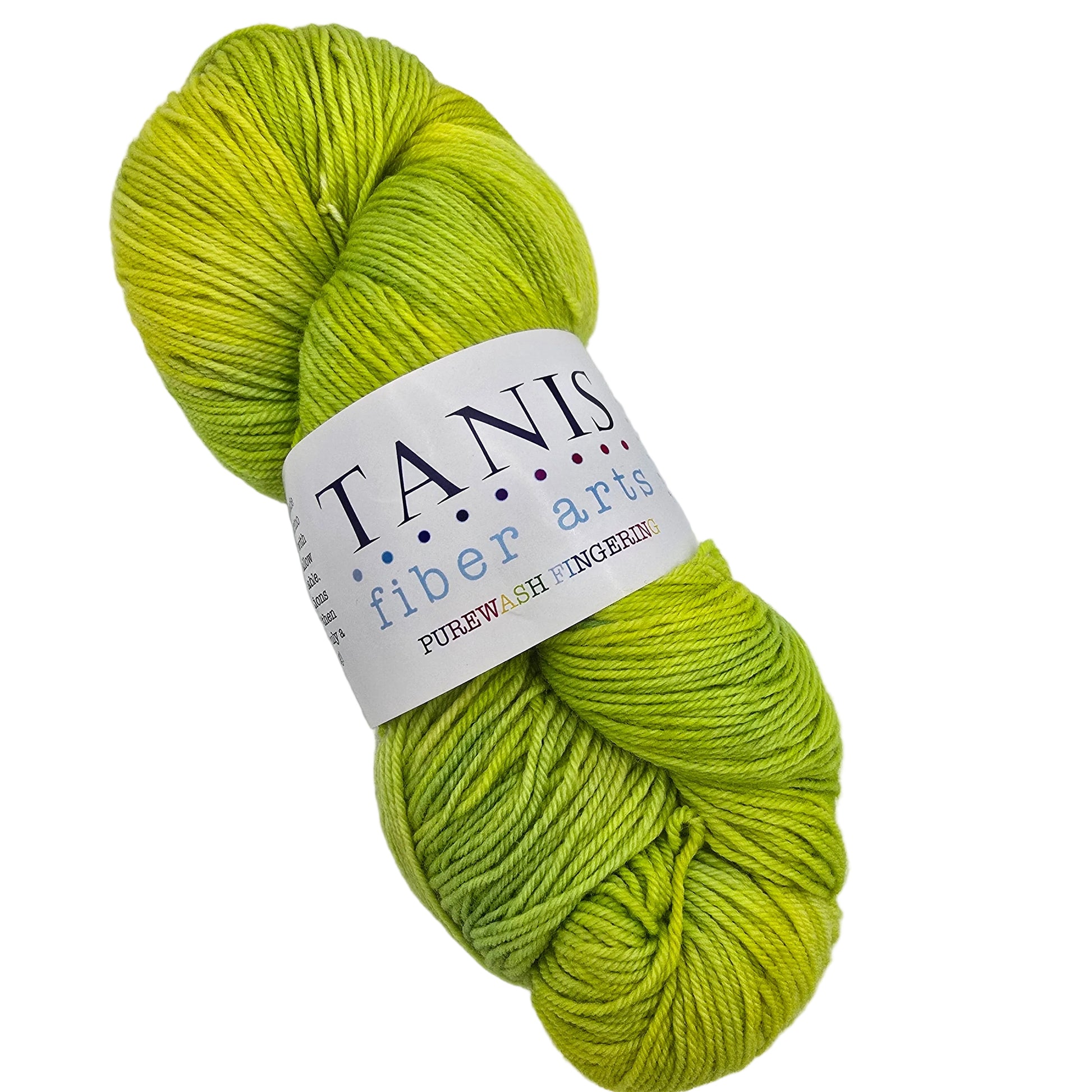 Image of a single skein of Purewash_Fingering_Yarn_by_Tanis_-in the color Lemongrass with label on a white background.