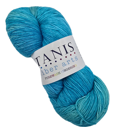 Image of a single skein of Purewash_Fingering_Yarn_by_Tanis_in the color Seabreeze with label on a white background.