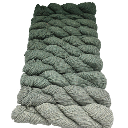 Image of a bundle of 10 skeins of yarn in a gradient from light to dark green in a color called juniper by the brand purl soho with labels on a white background.