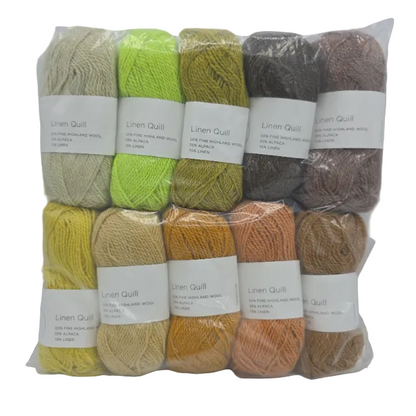 Image of a set of mini skeins of Purl Soho Linen Quill Yarn Set of 10 Minis in Citrus & Brown colors with labels on a white background.