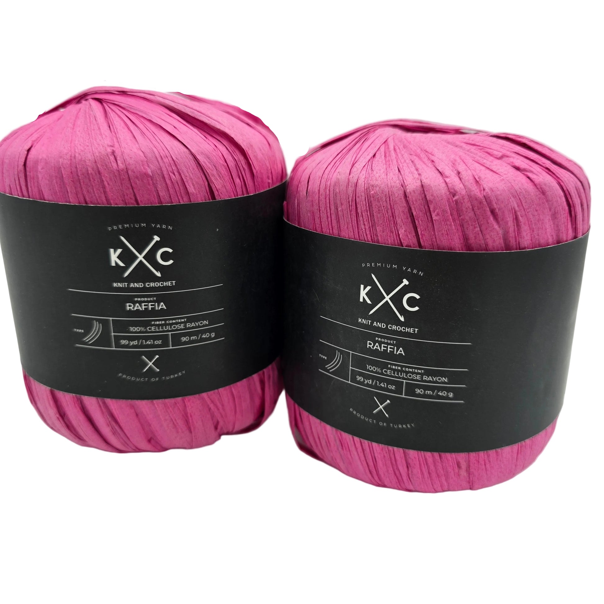Image of two flat pull skeins of Raffia by K+C in the color Pink LT with labels on a white background.