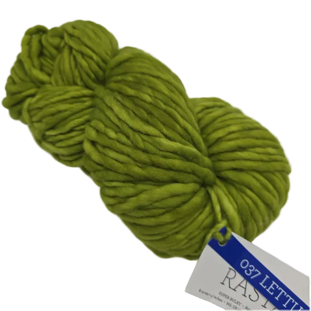 Image of single hank of Rasta Yarn by Malabrigo  in color 037 Lettuce with partial label on a white background.