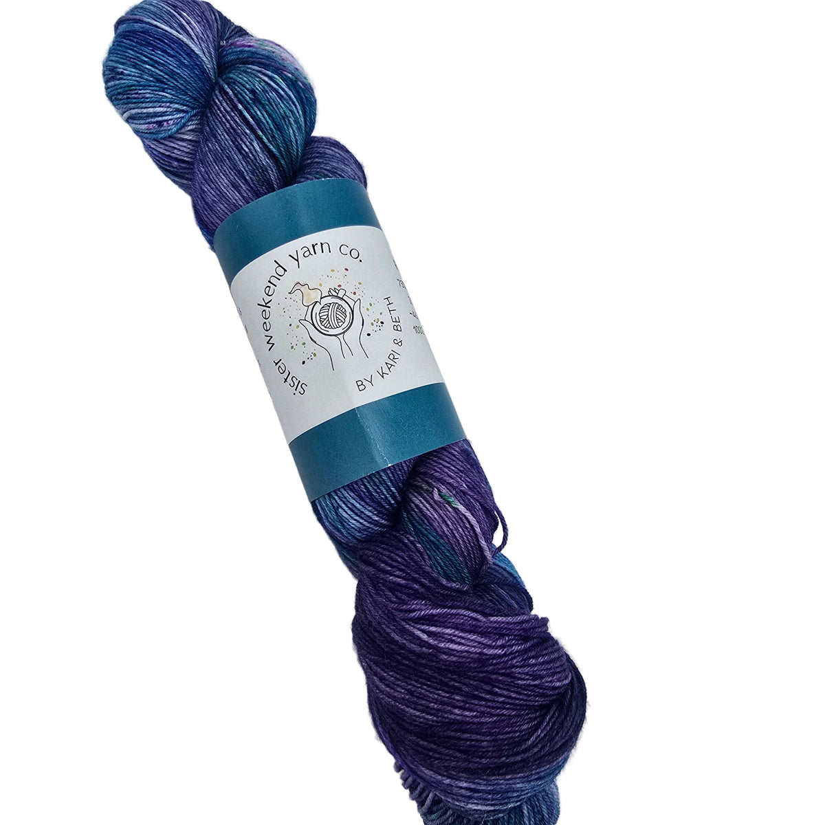 A skein of Ruth Sock Yarn by Sister Weekend Yarn Co. in the color Action Thriller a variegated yarn with blue, purple, and teal tones, wrapped in a white paper label photographed on a white background.