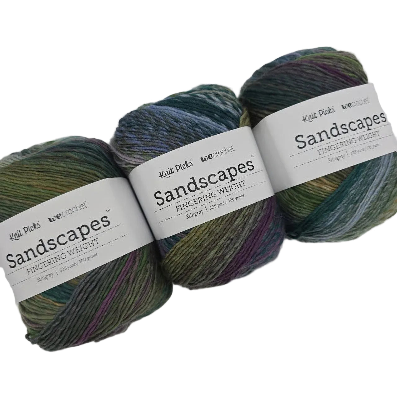 Image of the 3 cakes of Sandscapes by Knit Picks yarn in the color Stingray with labels on a white background.