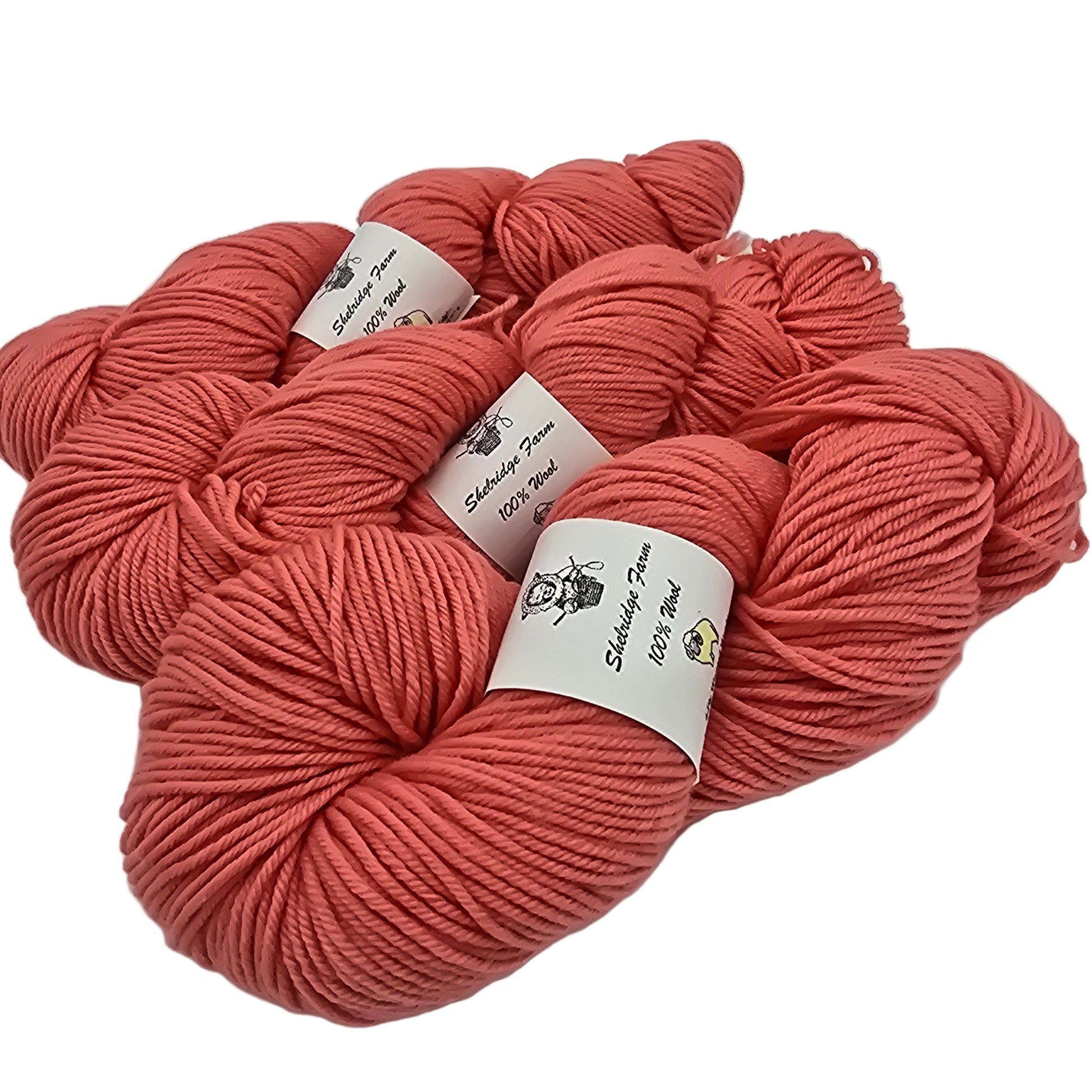 Image of 3 skeins of Shelrudge farm yarn in the color passion which is a coral pink with labels on a white background.
