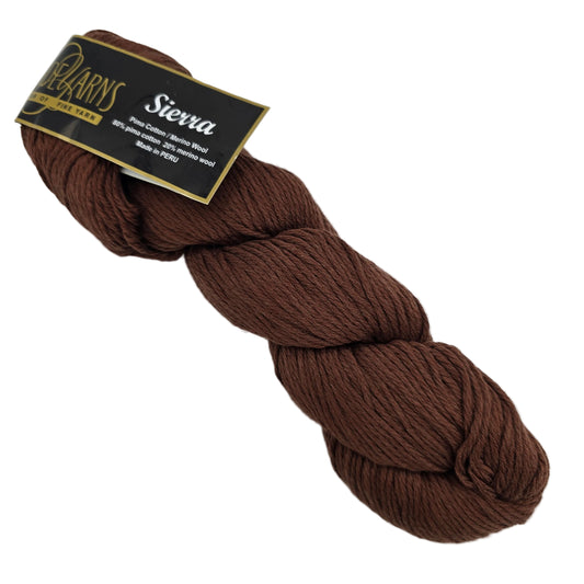 Image of a single skein of Sierra by Cascade Yarns in Color 32 Brown with label on a white background.