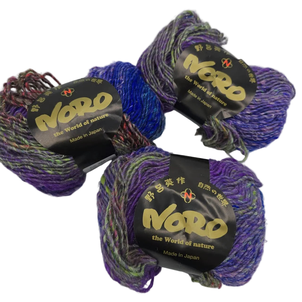 Image of three skeins of Silk Garden Yarn by Noro in Color 366 with labels on a white background.
