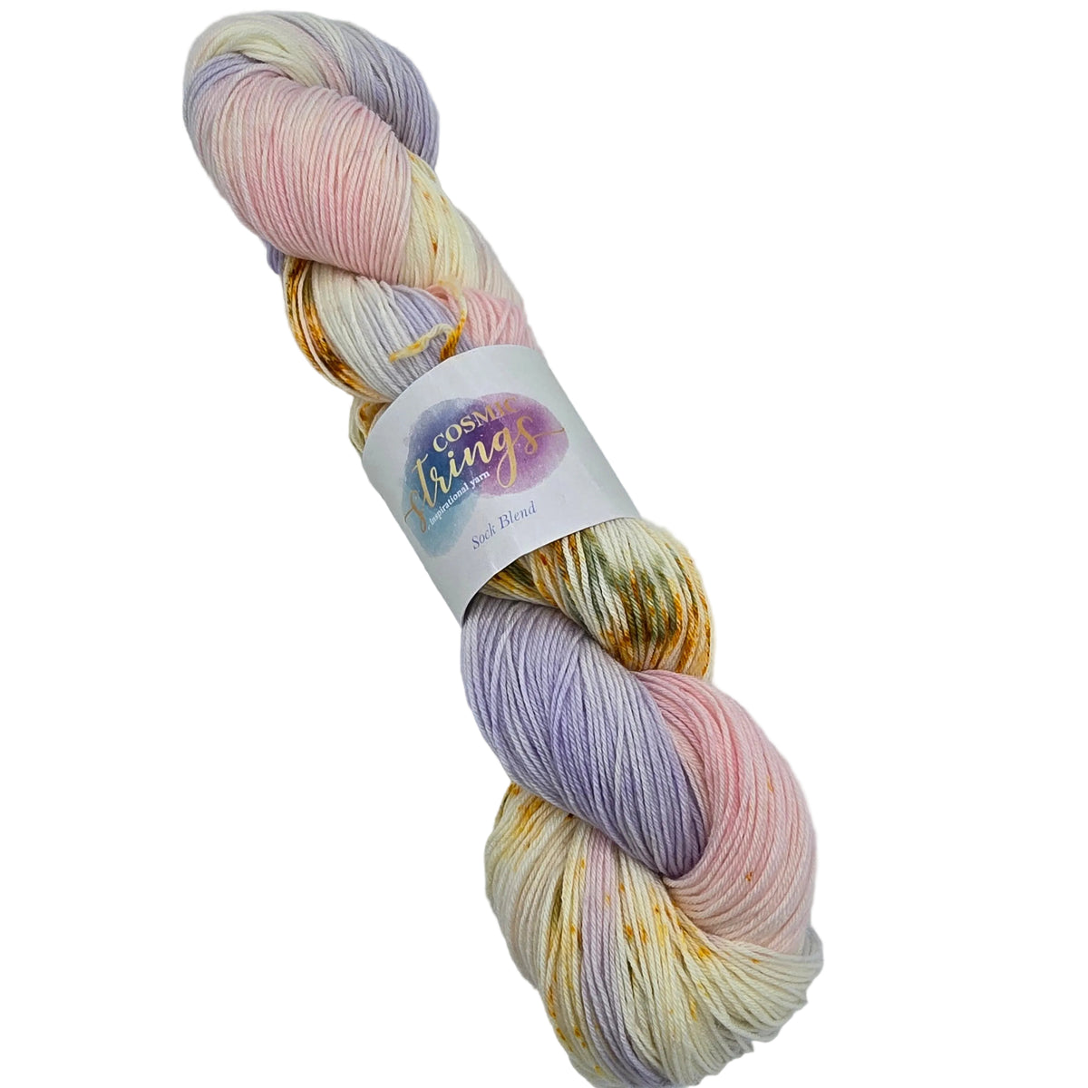 A single skein of variegated yarn with pastel pink, lavender, cream, and gold flecks, wrapped with a paper label that reads 'Cosmic Strings' on a white background.
