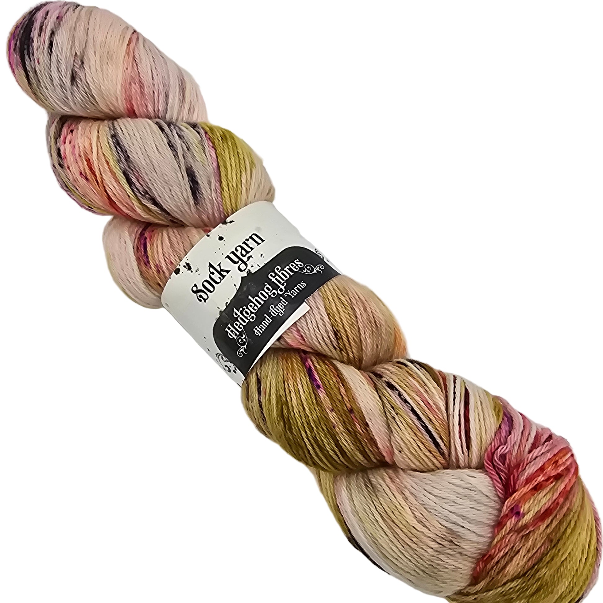 Image of a single skein of Sock Yarn by Hedgehog Fibres in the color Harvest with label on a white background.