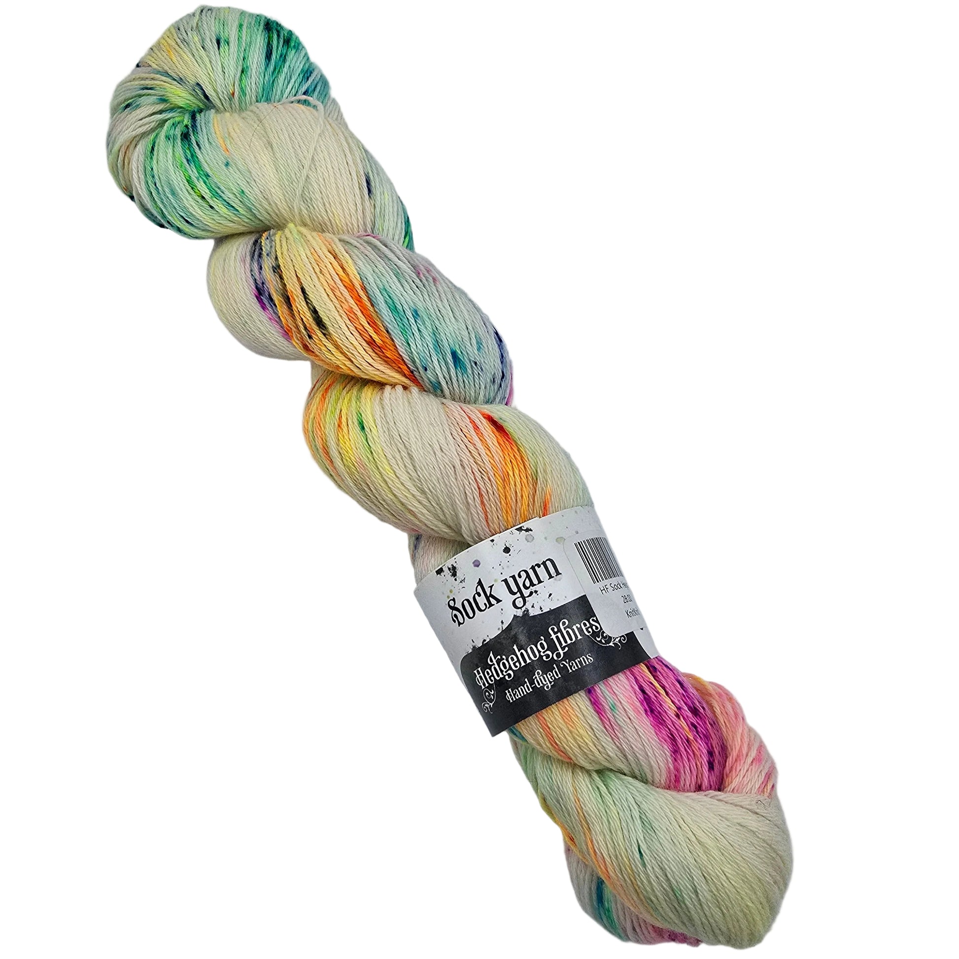 A single skein of Sock_Yarn_by_Hedgehog_Fibres_in the color_Heyday a variegated sock yarn with cream, green, orange, pink, and purple flecks, wrapped with a paper label on a white background.