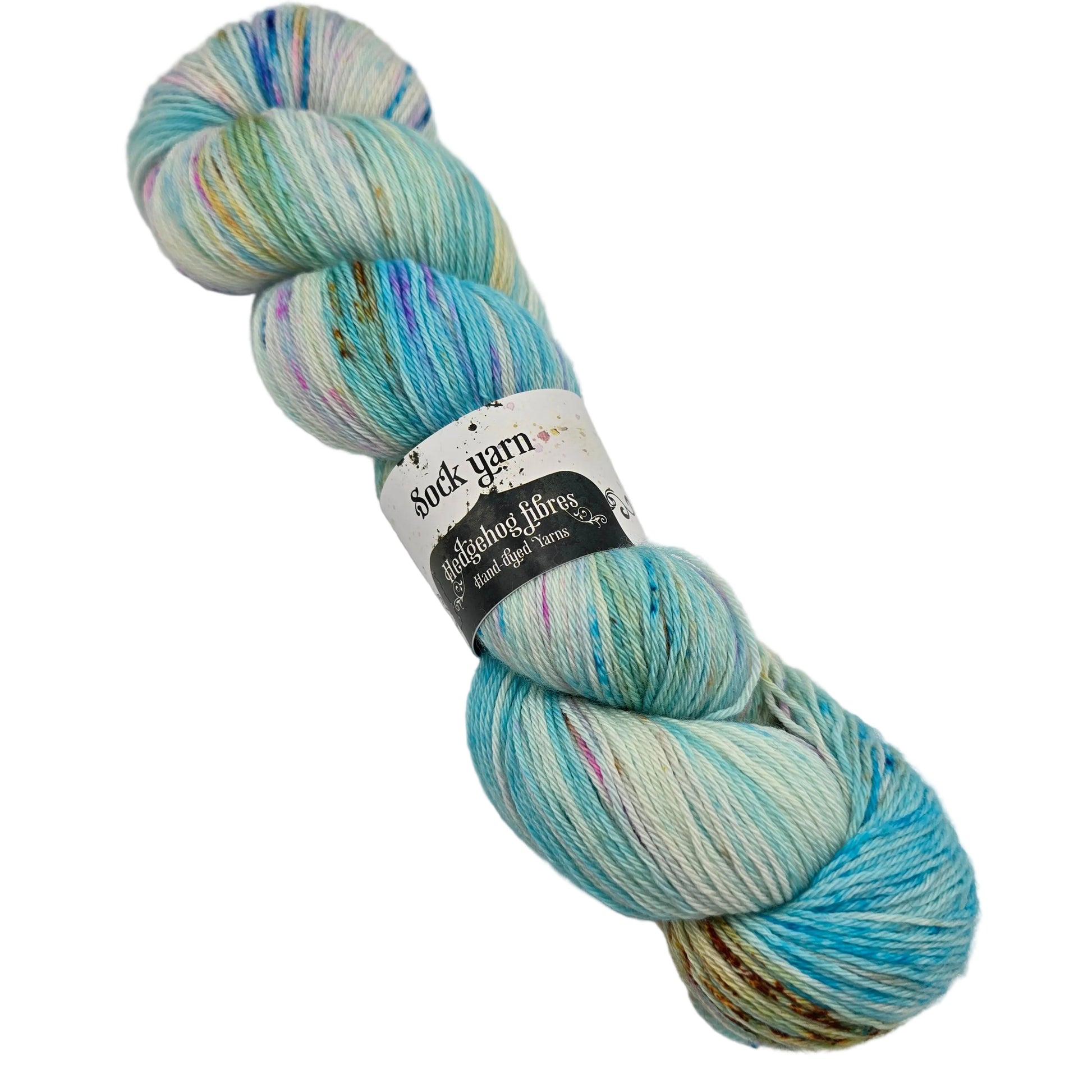 Image of a single hank of Sock Yarn by Hedgehog Fibres in the color Monet with label on a white background.