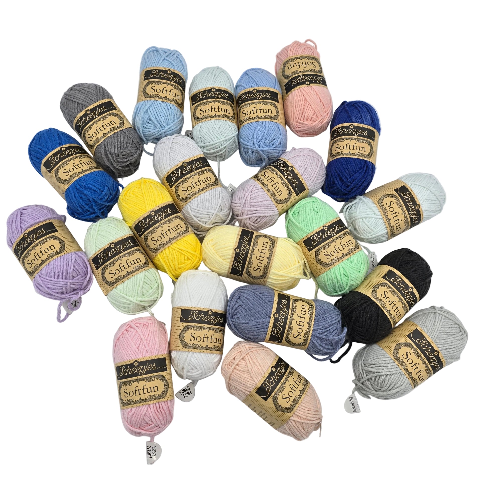 A collection of Softfun brand yarn skeins in a variety of colors, arranged in a circular pattern on a plain white background.