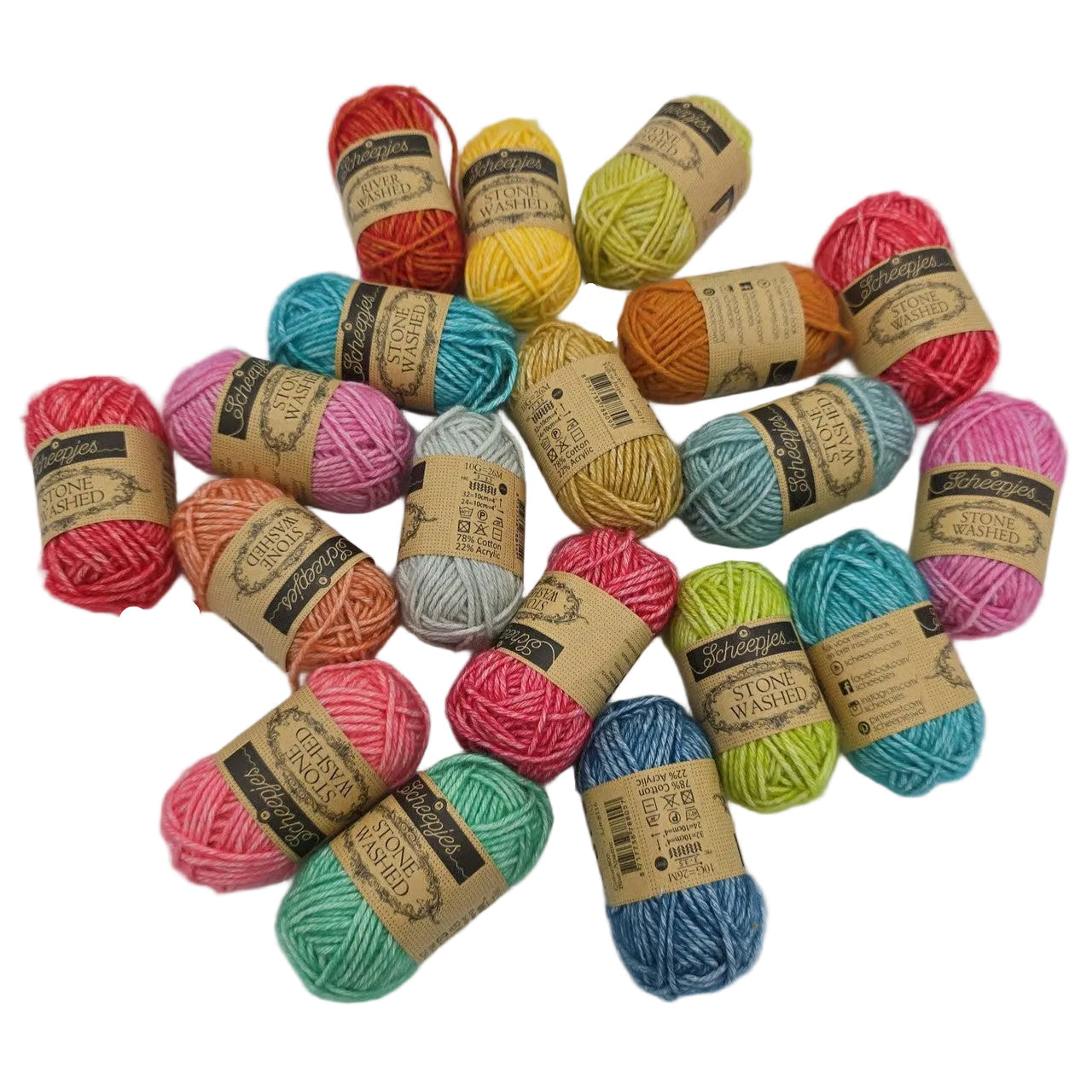 Image of 19 mini skeins of yarn in a multiple colors with labels on a white background.