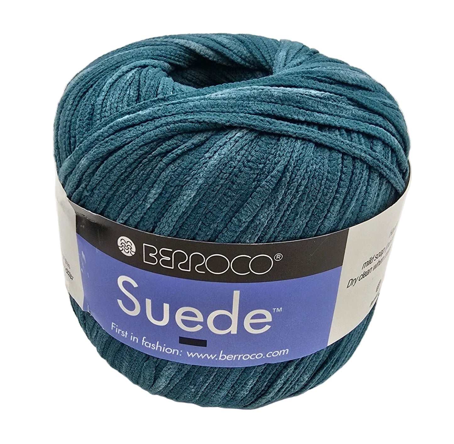 Image of a single ball of Suede by Berroco in color 3769 teal with label on a white background.