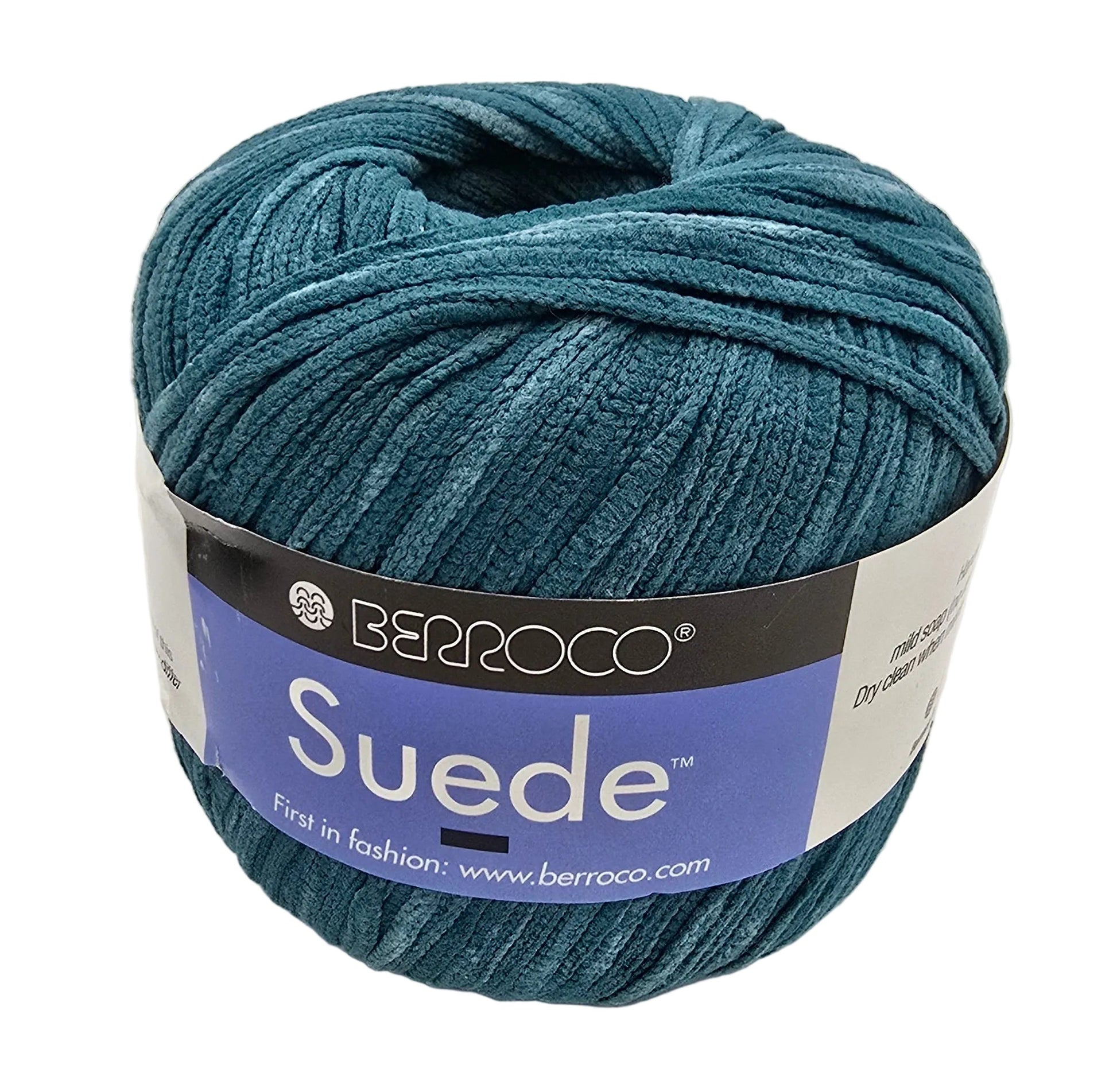 Image of a single ball of Suede by Berroco in color 3769 teal with label on a white background.