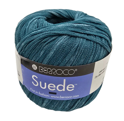 Image of a single ball of Suede by Berroco in color 3769 teal with label on a white background.