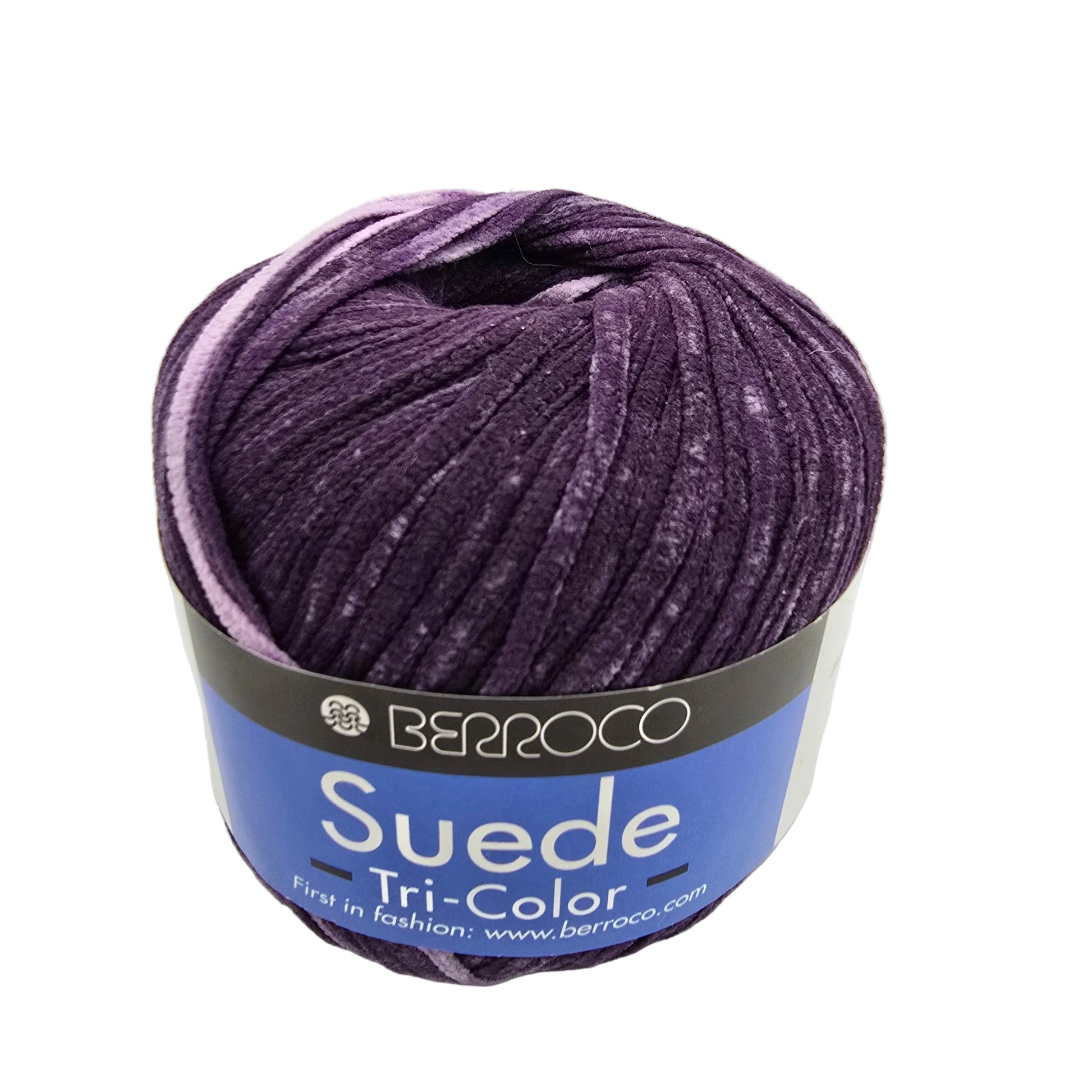 Image of a single ball of Suede by Berroco in color 3795 Purple with label on a white background.