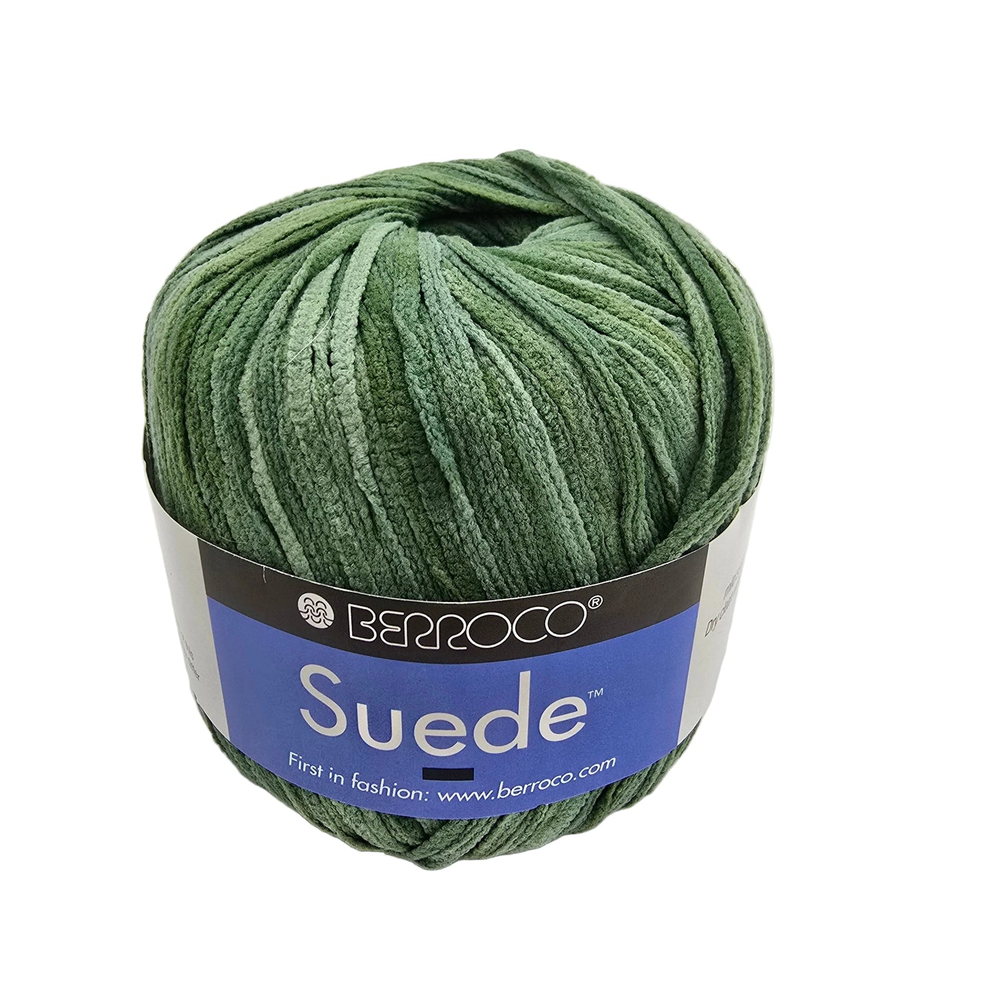 Image of a single ball of Suede by Berroco in color 3772 green with label on a white background.