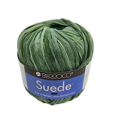 Image of a single ball of Suede by Berroco in color 3772 green with label on a white background.