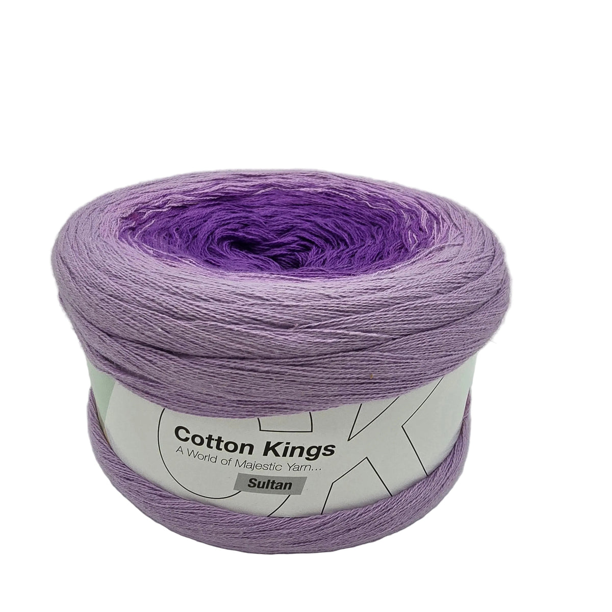 A skein of Sultan Gradient yarn by Cotton Kings (Hobbii)  in color 06 Amethyst featuring a color-shifting gradient from light lavender to deep purple with label on a white background.