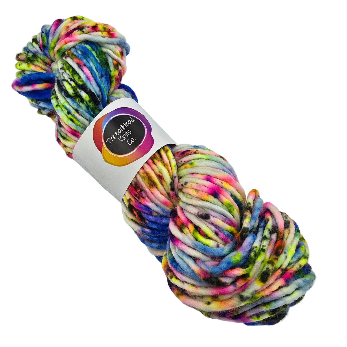 Image of a single skein of Super_Bulky_by_ThreadHead_Knits_Co_-in the color Blue Kamikaze a variegated multicolor yarn with label on a white background.