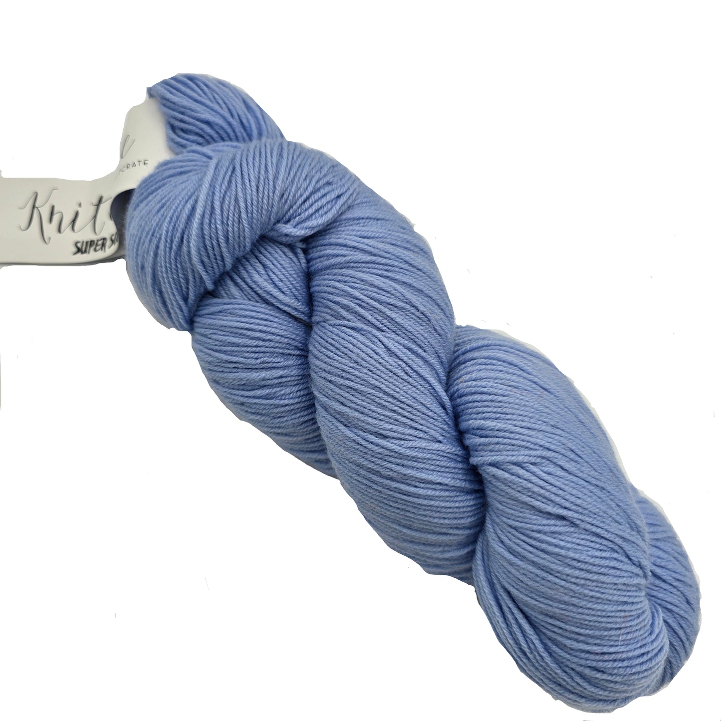 Image of a single skein of Super Sock Yarn by Knitologie in the color Gibbous Moon with label on a white background.