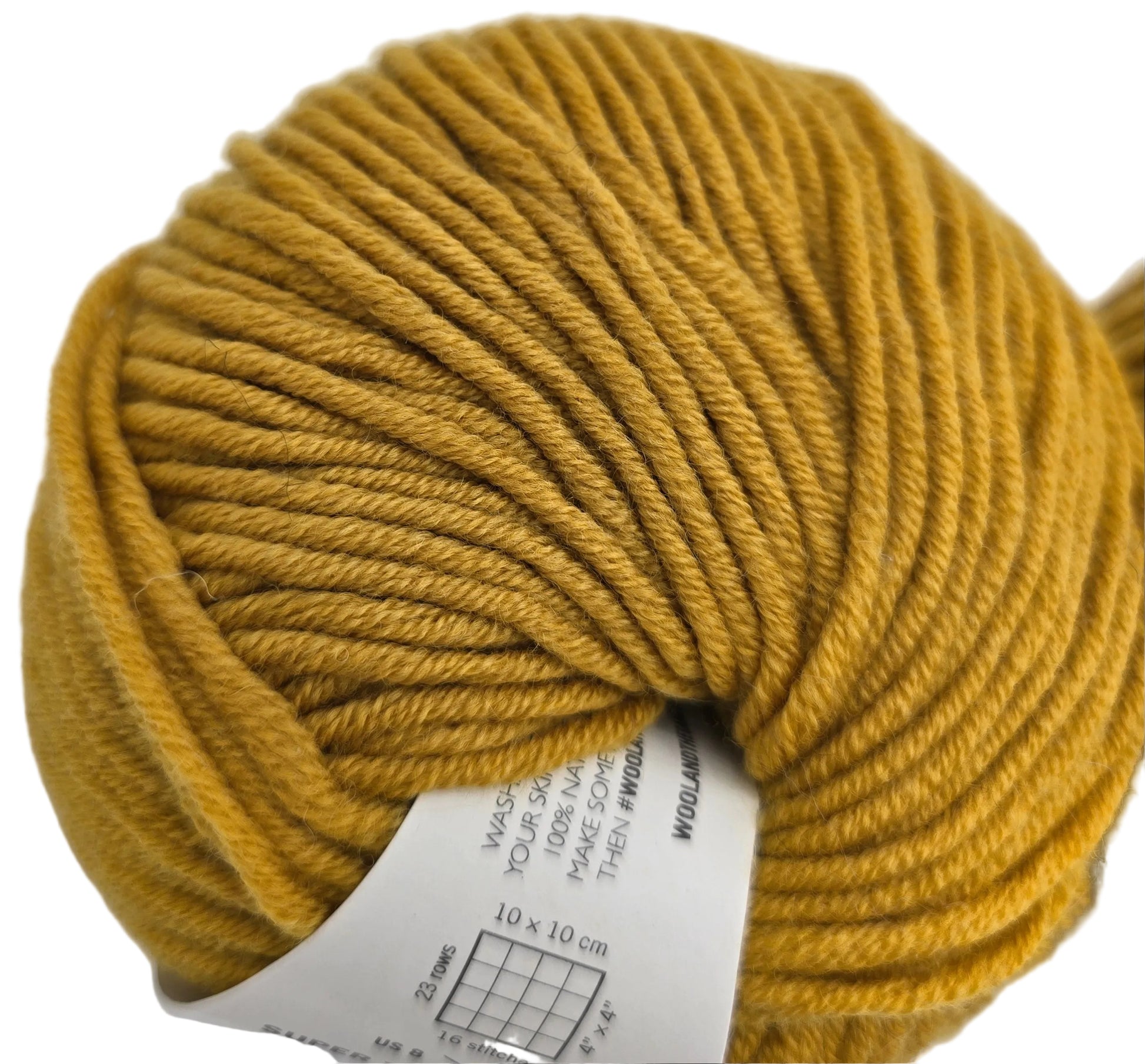Close-up image of a ball of Super_Trouper_Wool_The_One_Merino_Wool_Yarn by_Wool_and_Gang_in the color_Mustard_Sally with partial label on a white background.
