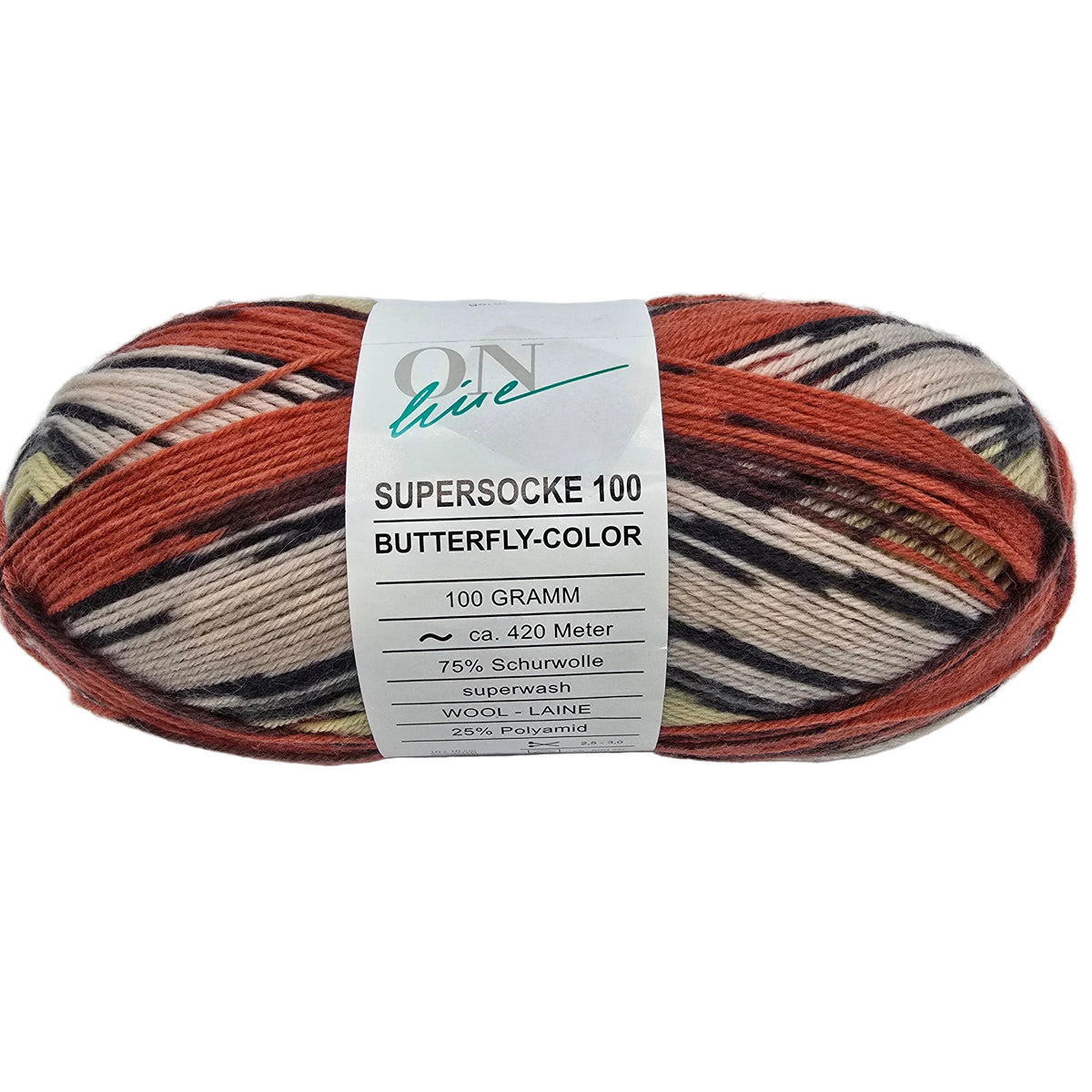 Image of a single skien of Supersocke_100_Butterfly_Color_yarn by_ONline_in_Color_1152 with label on a white background.