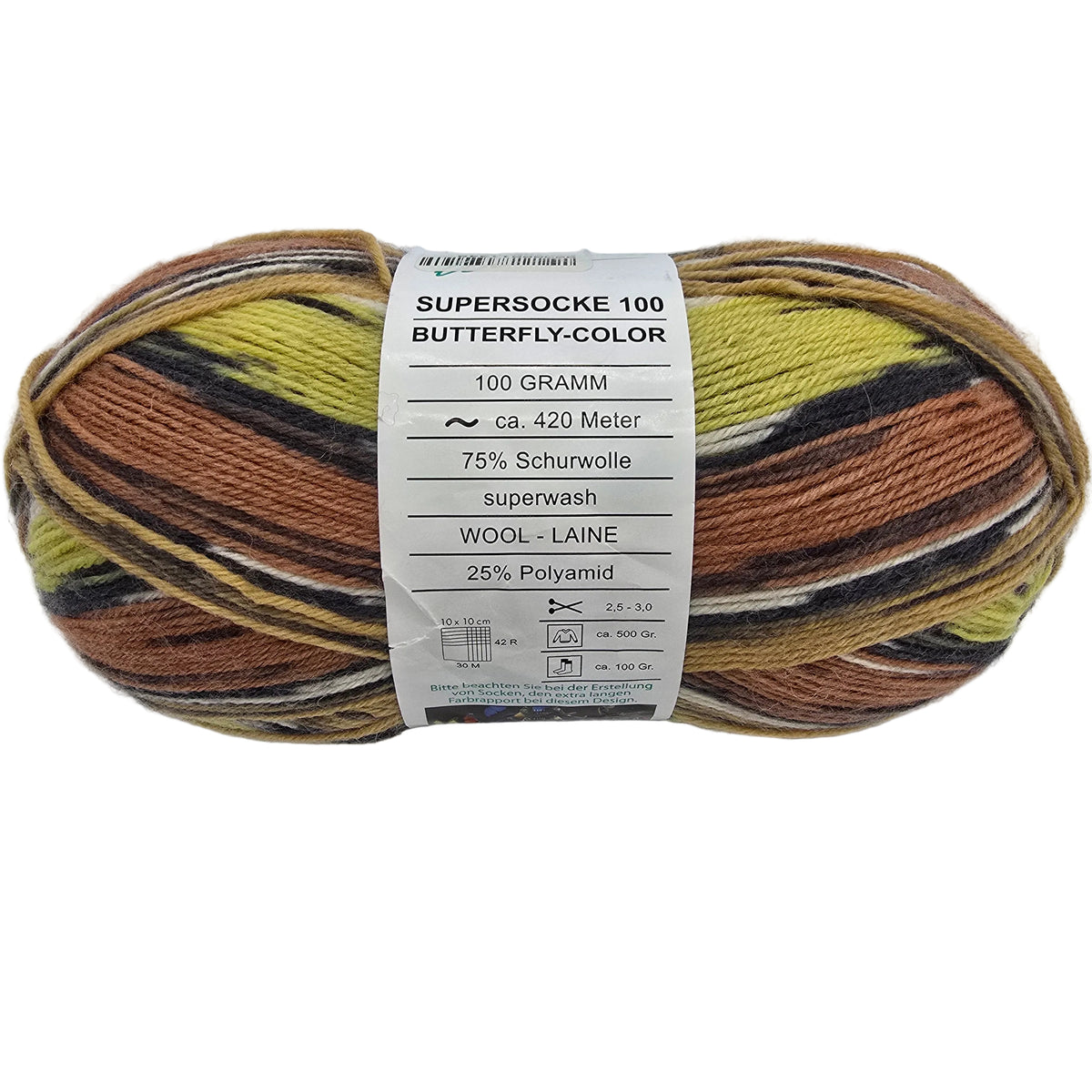 Image of a single skein of Supersocke 100 Butterfly Color yarn by ONline in Color 1153 with label in a white background.