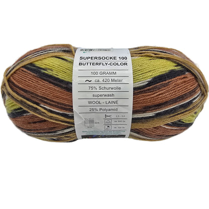 Image of a single skein of Supersocke 100 Butterfly Color yarn by ONline in Color 1153 with label in a white background.