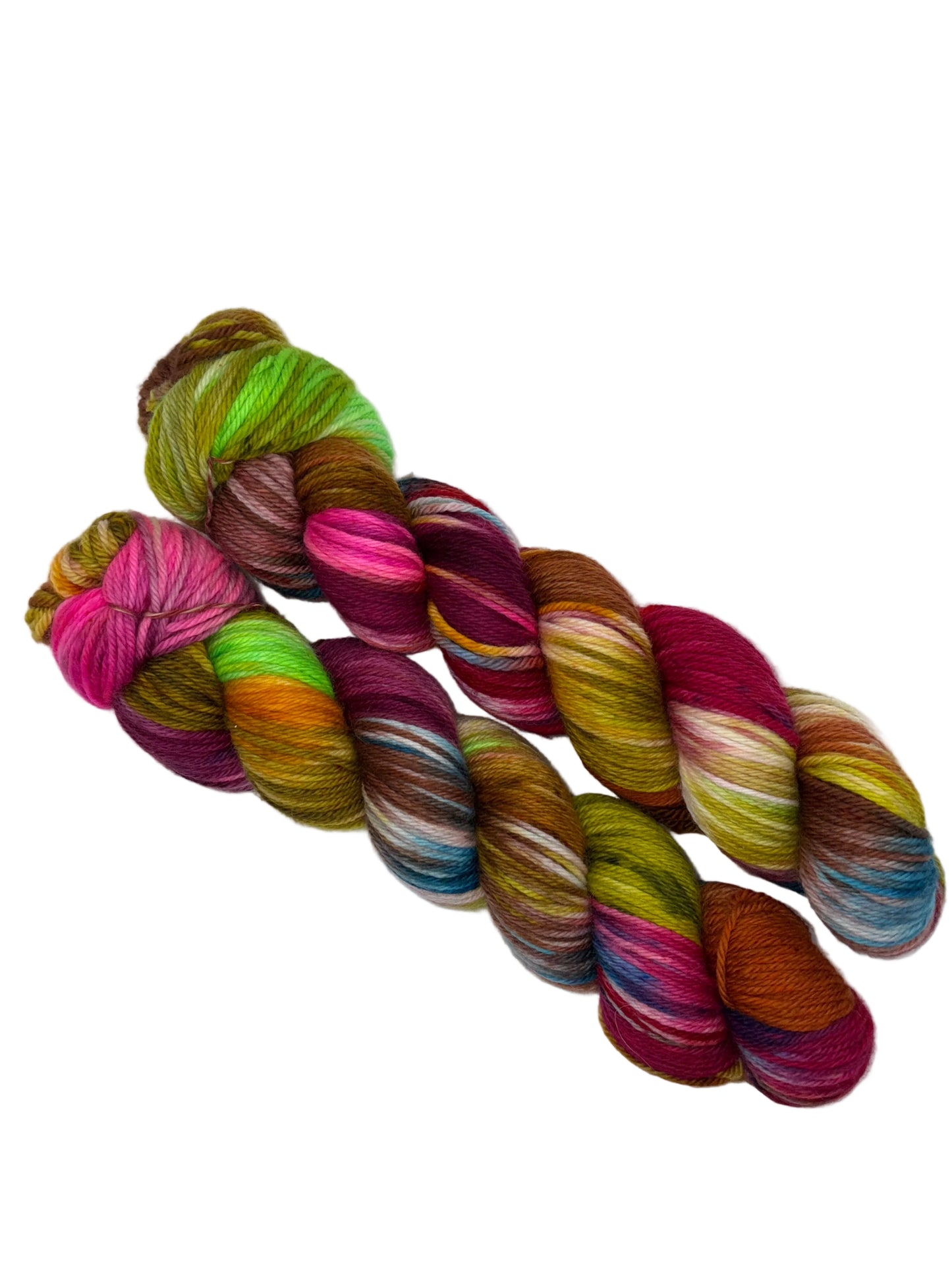 Two skieins of multicolored superwash merino  wool yarn by bad sheep yarns in the color muse on white background.