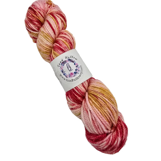 A single skein of Sweater_Toad_yarn a variegated yarn with pink, red, orange, and cream stripes, wrapped with a white paper label on a white background.
