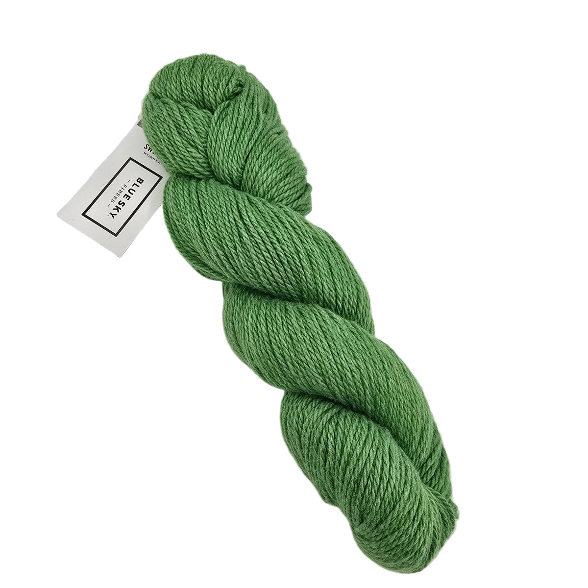 A skein of Sweater Worsted Yarn by Blue Sky Fibers in the color Turtle a dark spring green yarn with a paper label attached, photographed on a clean white background.