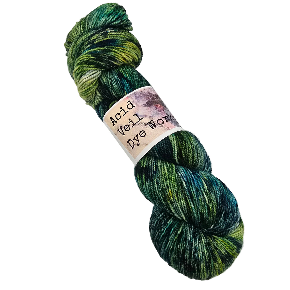 A skein of Swizzle Twist Sock by Acid Veil Dye Works in the color Earthquake Weather a marled and variegated shades of green, blue, and yellow with a white paper label on a white background.