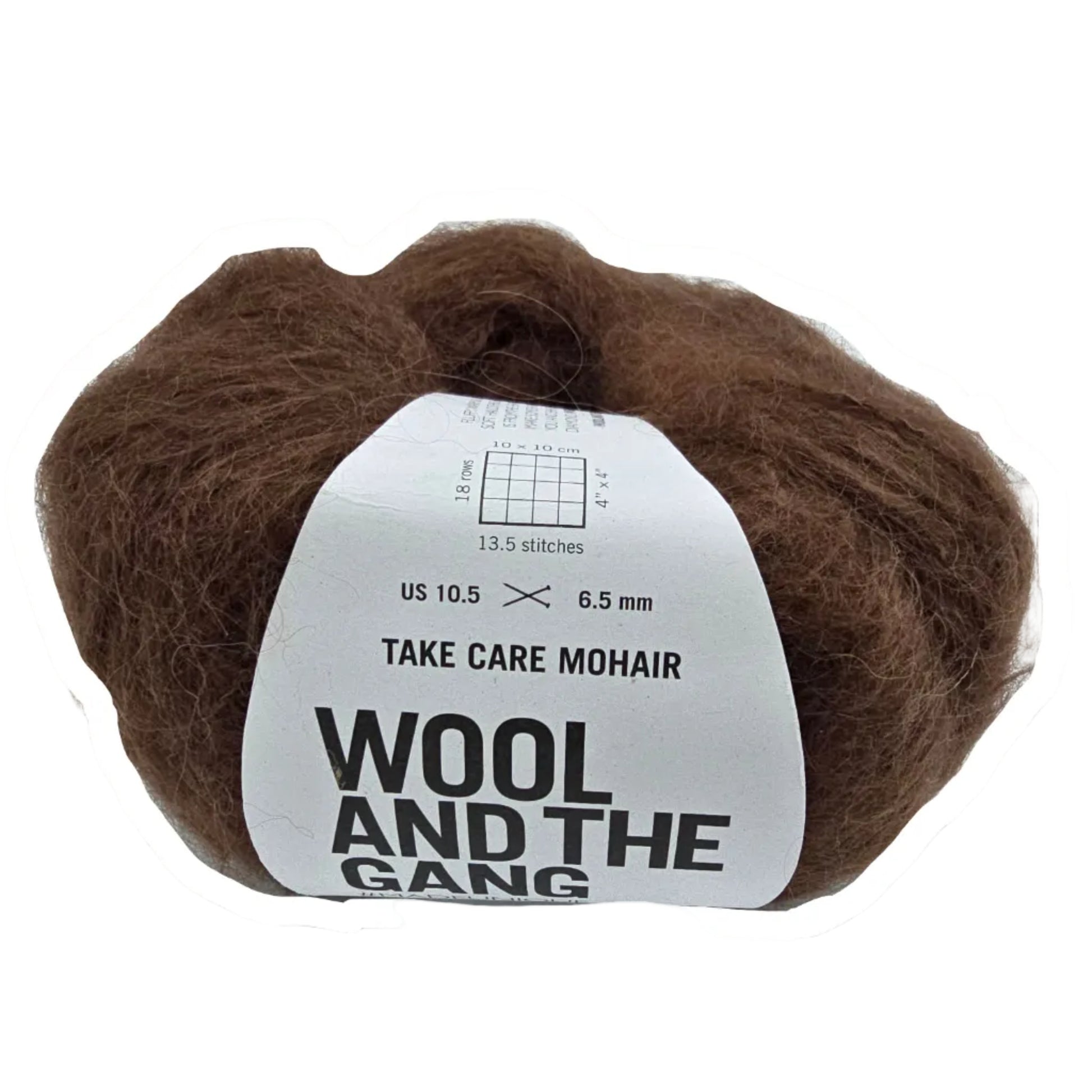 Image of a single ball of Take Care Mohair Yarn by Wool And The Gang the color Chocolate Brown with label on a white background.