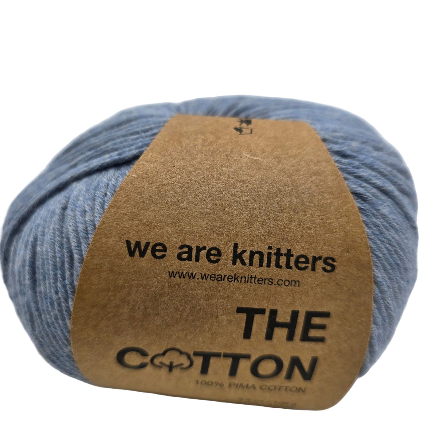 Image of a single ball of The Cotton Yarn by We Are Knitters in Denim with label on a white background.