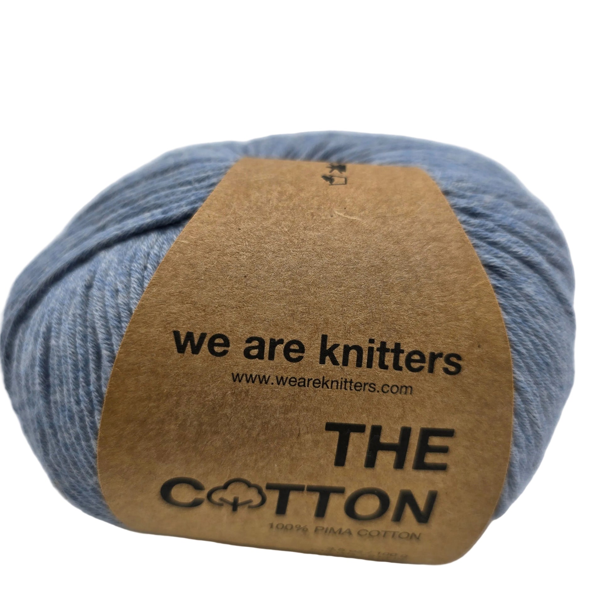 Image of a single ball of The Cotton Yarn by We Are Knitters in Denim with label on a white background.