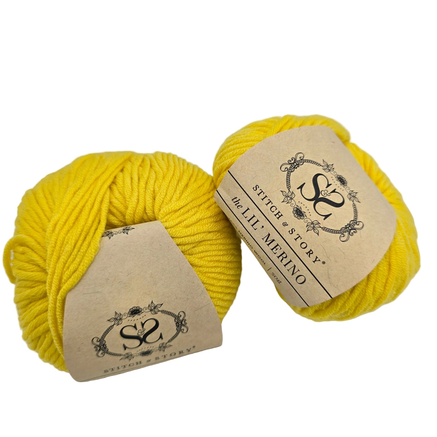 Image of two balls of The Lil' Merino Yarn by Stitch & Story in the color Sherbet Yellow with labels on a white background.