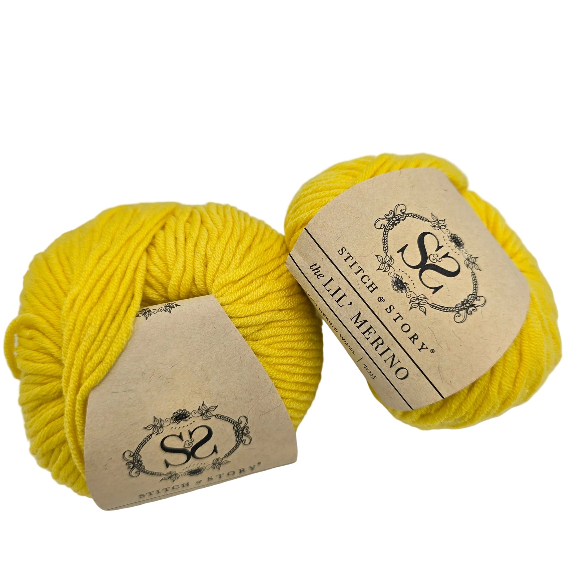 Image of two balls of The Lil' Merino Yarn by Stitch & Story in the color Sherbet Yellow with labels on a white background.