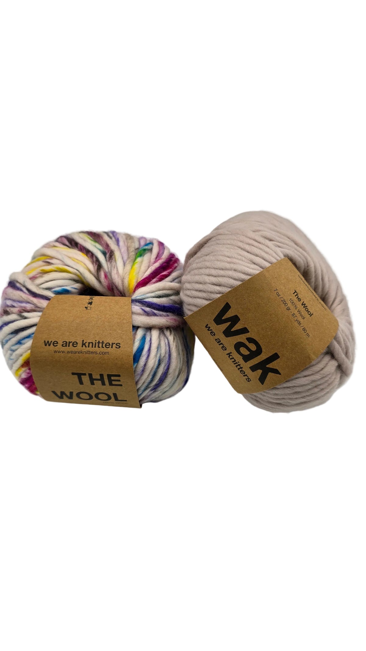 Image of two balls of The Wool Yarn by We Are Knitters in various colors with labels on a white background.
