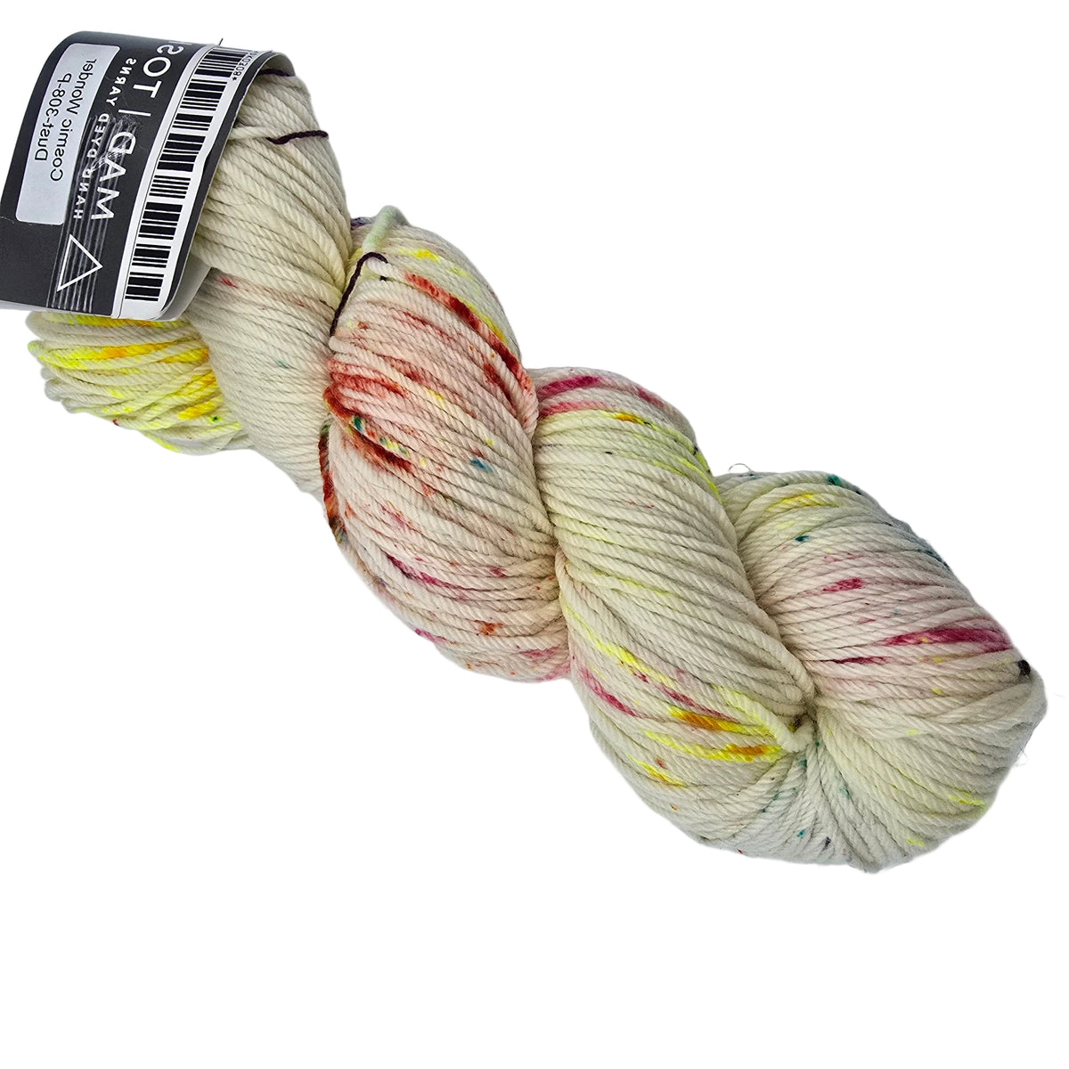 A skein of Tosh_DK_by_Madelinetosh_-_Cosmic_Wonder_Dust-308-P a cotton yarn with a variegated cream base and multicolored flecks, featuring a black paper label on a white background.