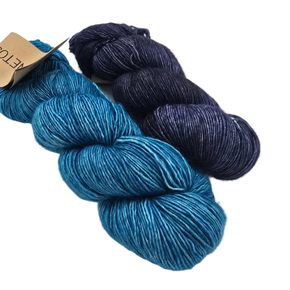 Two hanks of variegated yarn on a white background, one in bright teal-blue and one in dark navy fading to lighter blue, with a paper tag partially visible on the left.