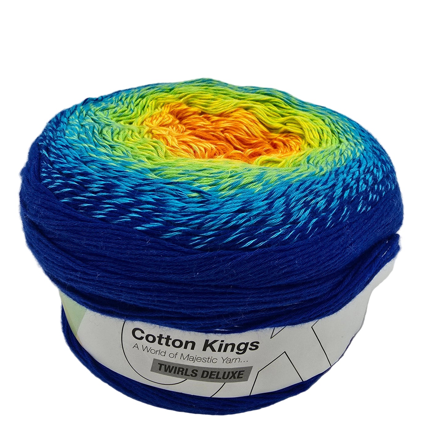 A ball of Cotton Kings Twirls Deluxe yarn in color 13 Andamooka Opal showing a vibrant colorwork gradient of blue, yellow, and orange, with a white paper label wrapped around the base.