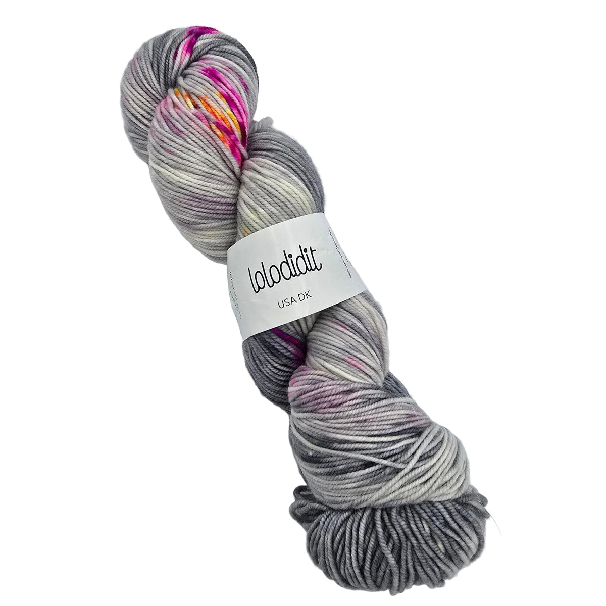 A single skein of variegated yarn with gray, white, black, pink, and orange/yellow color shifts, wrapped with a white paper label reading 'lolodidit USA DK' on a white background.