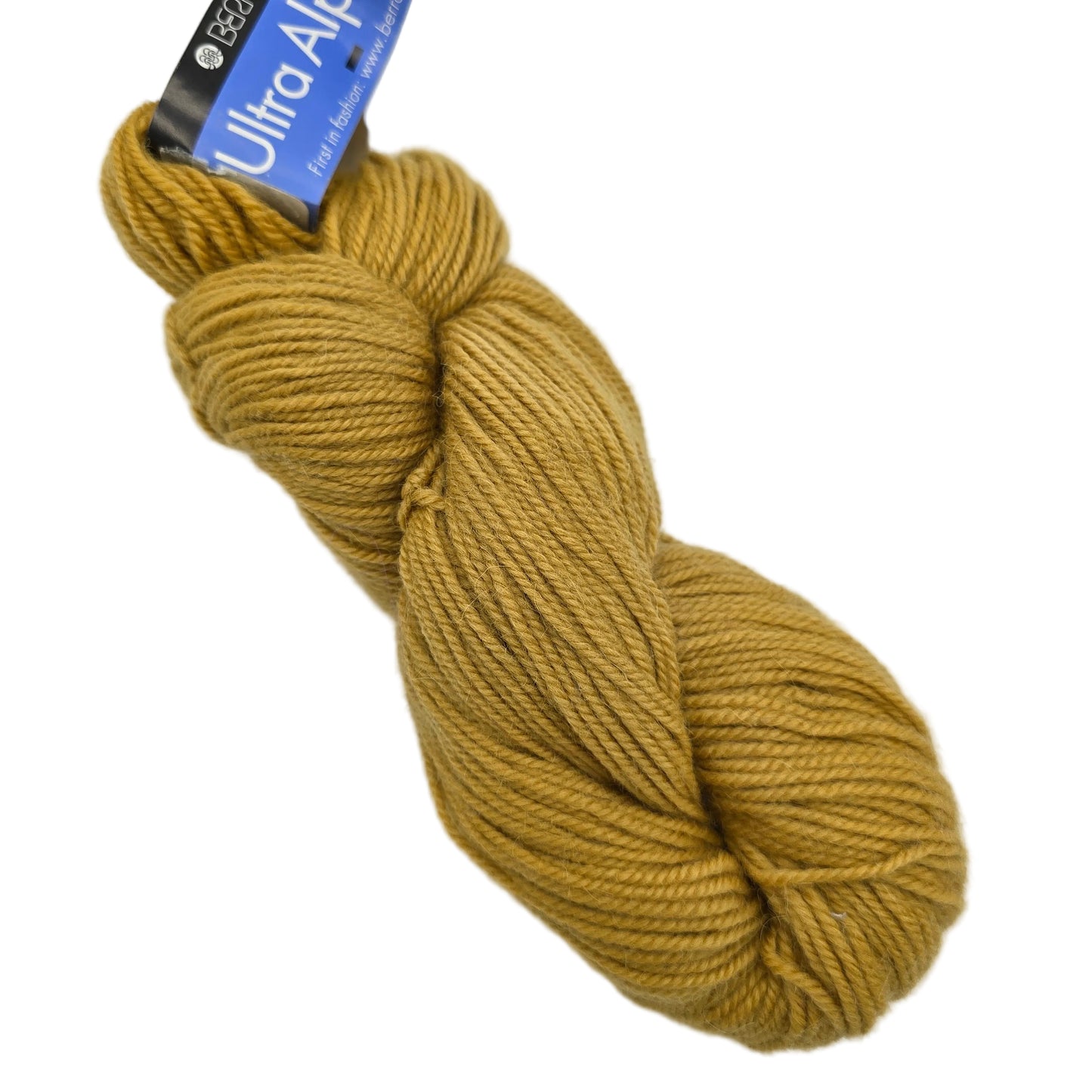 Image of a single skein of Ultra Alpaca Yarn by Berroco in color 6253 Dijon with  label on a white background.