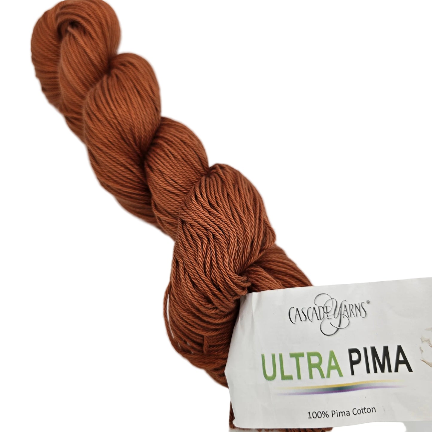 Image of a single skein of Ultra_Pima_Yarn_by_Cascade_in Color_3769_Rust with label on a white background.