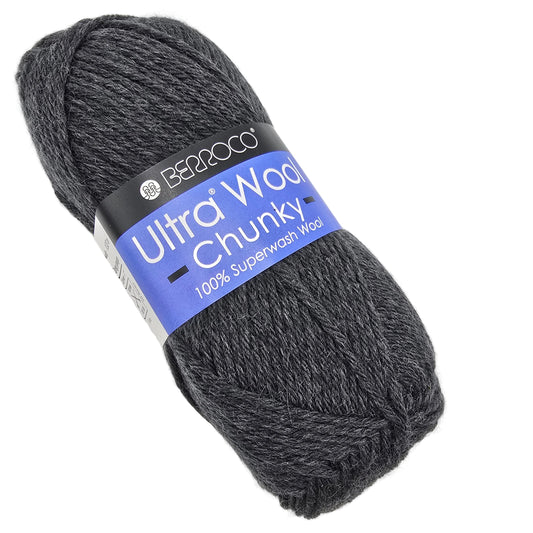 Image of a single skein of Ultra Wool Chunky yarn by Berroco  in color 43113 gray with label on a white background.