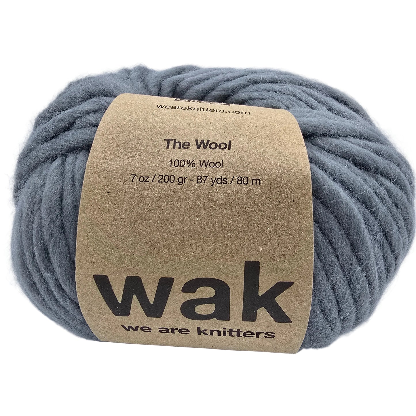 A ball of gray wool We are knitter the Wool yarn in the color Lead with label on a white background.